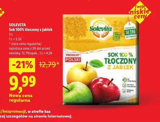 Sok 100% tłoczony z jabłek Solevita promocja w Lidl