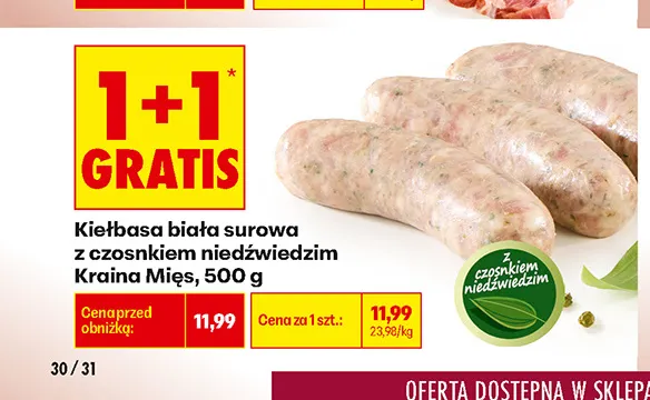 Kiełbasa biała surowa z czosnkiem niedźwiedzim Kraina Mięs promocja w Biedronka