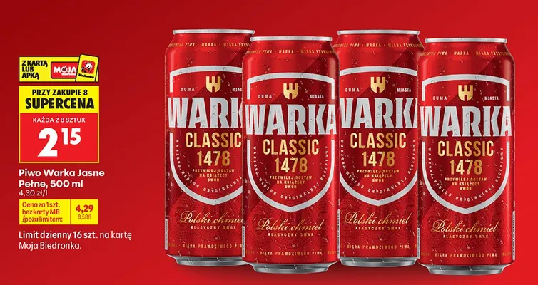 Piwo Warka Classic 1478 Jasne Pełne promocja w Biedronka