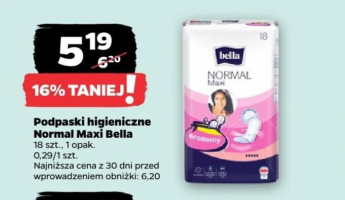 Podpaski higieniczne Normal Maxi Bella 18-pak promocja w Netto