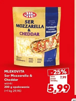 Ser mozzarella & cheddar wiórki Mlekovita promocja w Kaufland