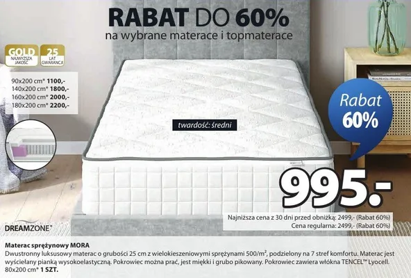 Materac sprężynowy Mora dwustronny luksusowy o grubości 25cm z wielokieszeniowymi sprężynami, pokrowiec zawiera włókna TENCEL™ Lyocell 80x200cm promocja w Jysk