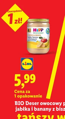 BIO Deser owocowy po 4m-cu Hipp jabłka i banany z biszkoptami promocja w Lidl