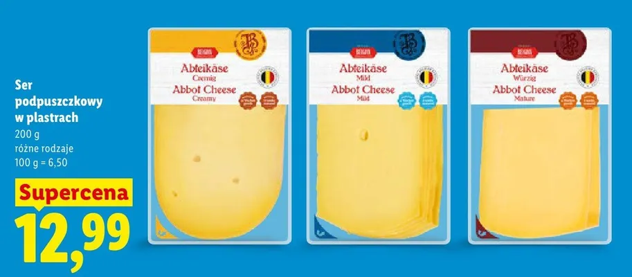 Ser podpuszczkowy w plastrach Abbot Cheese Mild Belgaya promocja w Lidl
