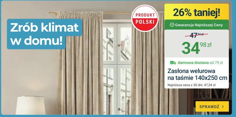 Zasłona welurowa na taśmie 140x250cm promocja w ERLI