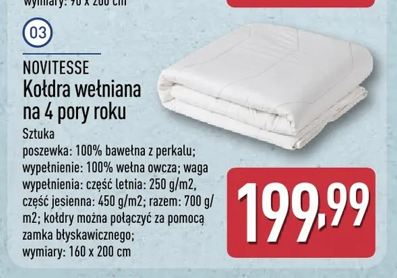 Kołdra wełniana na 4 pory roku Novitesse 160x200 cm promocja w Aldi