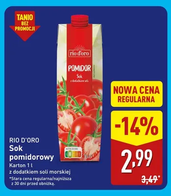 Sok pomidorowy z dodatkiem soli morskiej Rio D'oro promocja w Aldi