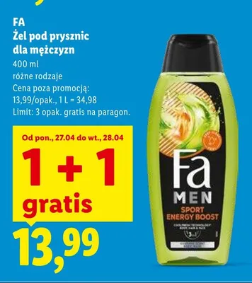 Żel pod prysznic dla mężczyzn Fa Men Sport Energy Boost promocja w Lidl