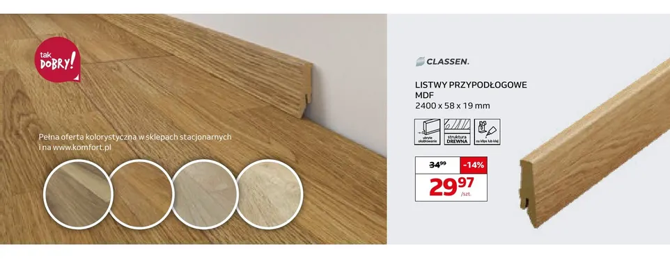 Listwy przypodłogowe MDF 2400x58x19 mm Classen promocja w Komfort