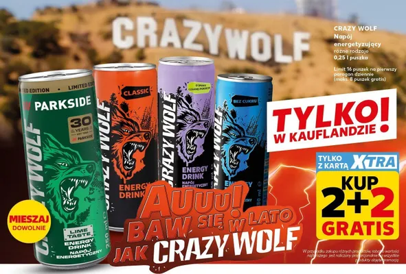 Napój energetyzujący Crazy Wolf o smaku czarnej porzeczki promocja w Kaufland