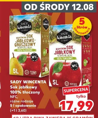 Sok jabłkowy Sady Wincenta tłoczony NFC 100% promocja w Kaufland