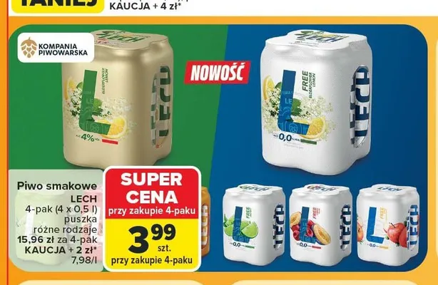 Piwo bezalkoholowe smakowe Lech Free Active Hydrate 4-pak 500 ml promocja w Carrefour Market