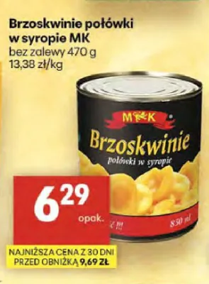 Brzoskwinie połówki w syropie MK promocja w Delikatesy Centrum