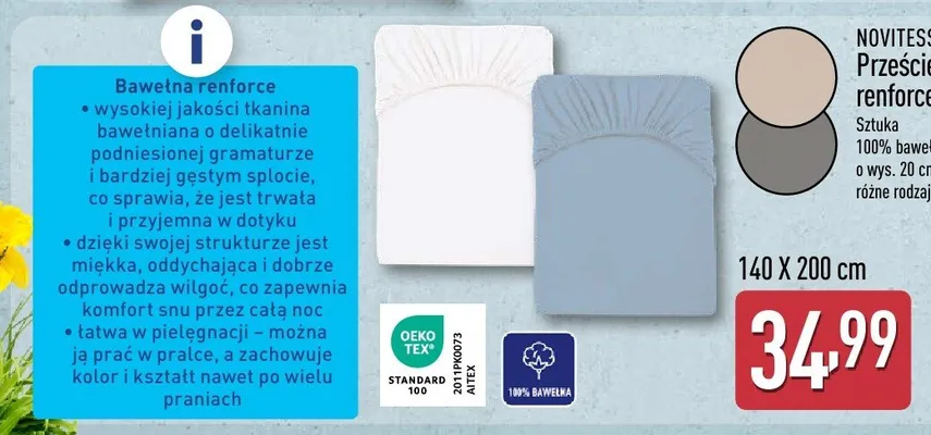 Prześcieradło z bawełny reinforce 140x200 cm promocja w Aldi