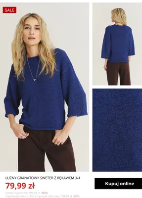 Luźny granatowy sweter z rękawem 3/4 Greenpoint promocja w Greenpoint