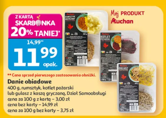 Danie obiadowe rumsztyk, kotlet poznański lub gulasz z kaszą gryczaną promocja w Auchan
