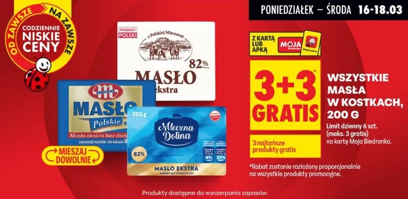 Wszystkie masła w kostkach 3+3 GRATIS promocja w Biedronka