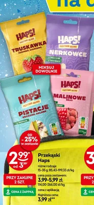 Przekąski Truskawka suszona/rodzana, Nerkowce w czekoladzie mlecznej & malina, Pistacje prażone, solone, Malinowe żelki promocja w Żabka