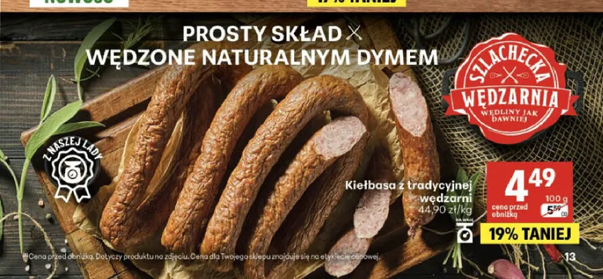 Kiełbasa z tradycyjnej wędzarni Szlachecka Wędzarnia promocja w Delikatesy Centrum
