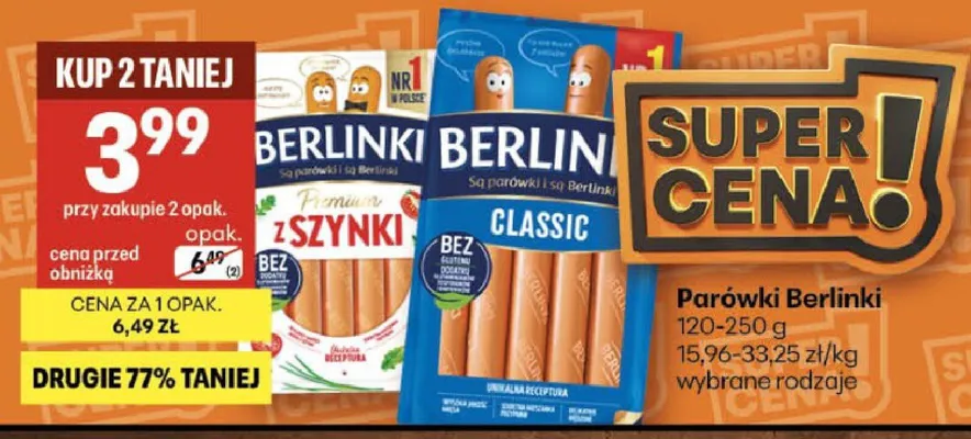 Parówki Berlinki z szynki promocja w Delikatesy Centrum