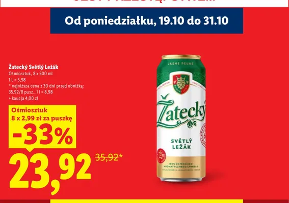 Piwo Żatecký Světlý Ležák 8-pak 500 ml promocja w Lidl
