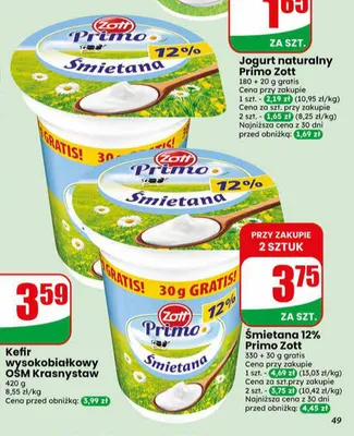 Śmietana 12% Primo Zott promocja w Dino