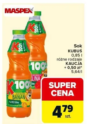 Sok Kubuś różne rodzaje promocja w Carrefour