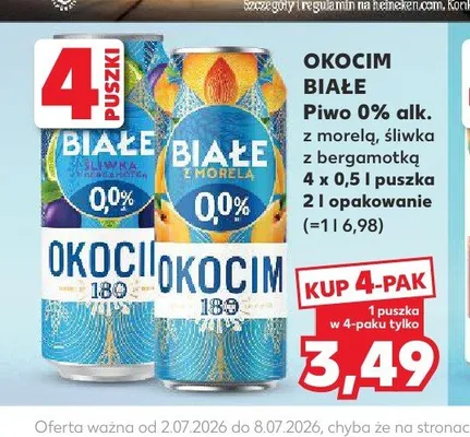 Piwo bezalkoholowe Okocim Białe śliwka z bergamotką 4-pak promocja w Kaufland