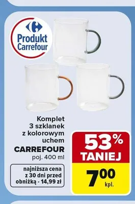Komplet 3 szklanek z kolorowym uchem Carrefour promocja w Carrefour