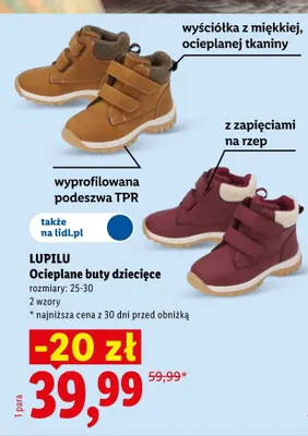 Ocieplane buty dziecięce Lupilu bordowe promocja w Lidl