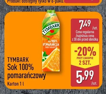 Sok 100% pomarańczowy Tymbark promocja w Aldi