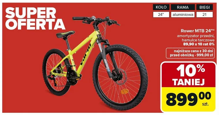 Rower MTB 24" amortyzator przedni, hamulce tarczowe promocja w Carrefour