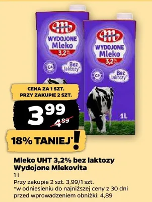 Mleko UHT 3,2% bez laktozy Wydojone Mlekovita promocja w Netto