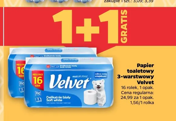 Papier toaletowy 3-warstwowy Velvet Delikatnie biały promocja w Netto