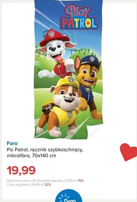 Ręcznik szybkoschnący z mikrofibry Faro Psi Patrol 70x140 cm promocja w Smyk