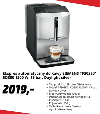 Ekspres automatyczny do kawy Siemens TF303E01 EQ300 Daylight silver promocja w Media Markt