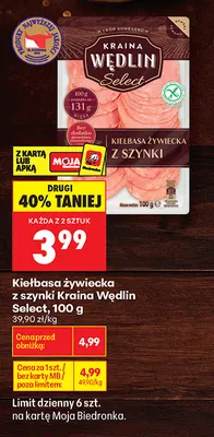 Kiełbasa żywiecka z szynki Kraina Wędlin Select promocja w Biedronka
