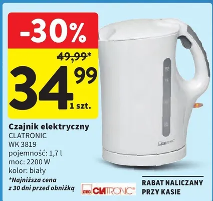 Czajnik elektryczny pojemność: 1,7 l moc: 2200 W kolor: biały promocja w Intermarche