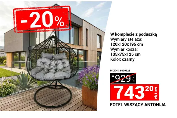 Fotel wiszący Antonija w komplecie z poduszką promocja w Merkury Market