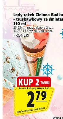 Lody rożek Zielona Budka truskawkowy ze śmietanką promocja w Prim Market