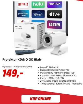Projektor Kiano Go biały promocja w Media Markt