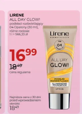 Podkład rozświetlający do twarzy Lirene All Day Glow! 04 Opalony promocja w Drogerie Jawa
