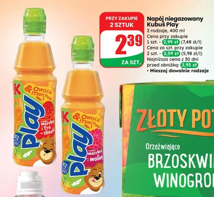 Napój niegazowany Kubuś Play 2 rodzaje promocja w Dino