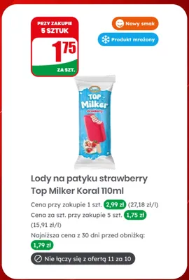 Lody na patyku strawberry Top Milker Koral promocja w Dino
