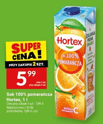 Sok 100% pomarańcza Hortex promocja w Twój Market