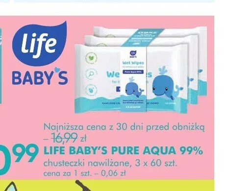 Chusteczki nawilżane Life Baby's Pure Aqua 99% 3-pak promocja w Super-Pharm