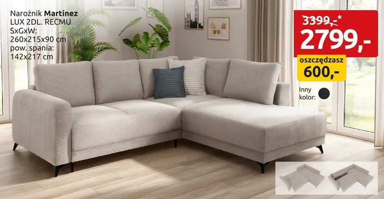 Narożnik Martinez LUX 2DL. RECMU promocja w Black Red White