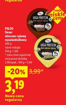 Deser mleczno-ryżowy wysokobiałkowy Pilos promocja w Lidl