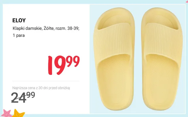 Klapki damskie Eloy żółte rozm. 38-39 promocja w Rossmann