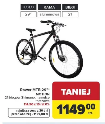 Rower MTB 29" MOTION 21 biegów Shimano hamulce tarczowe promocja w Carrefour
